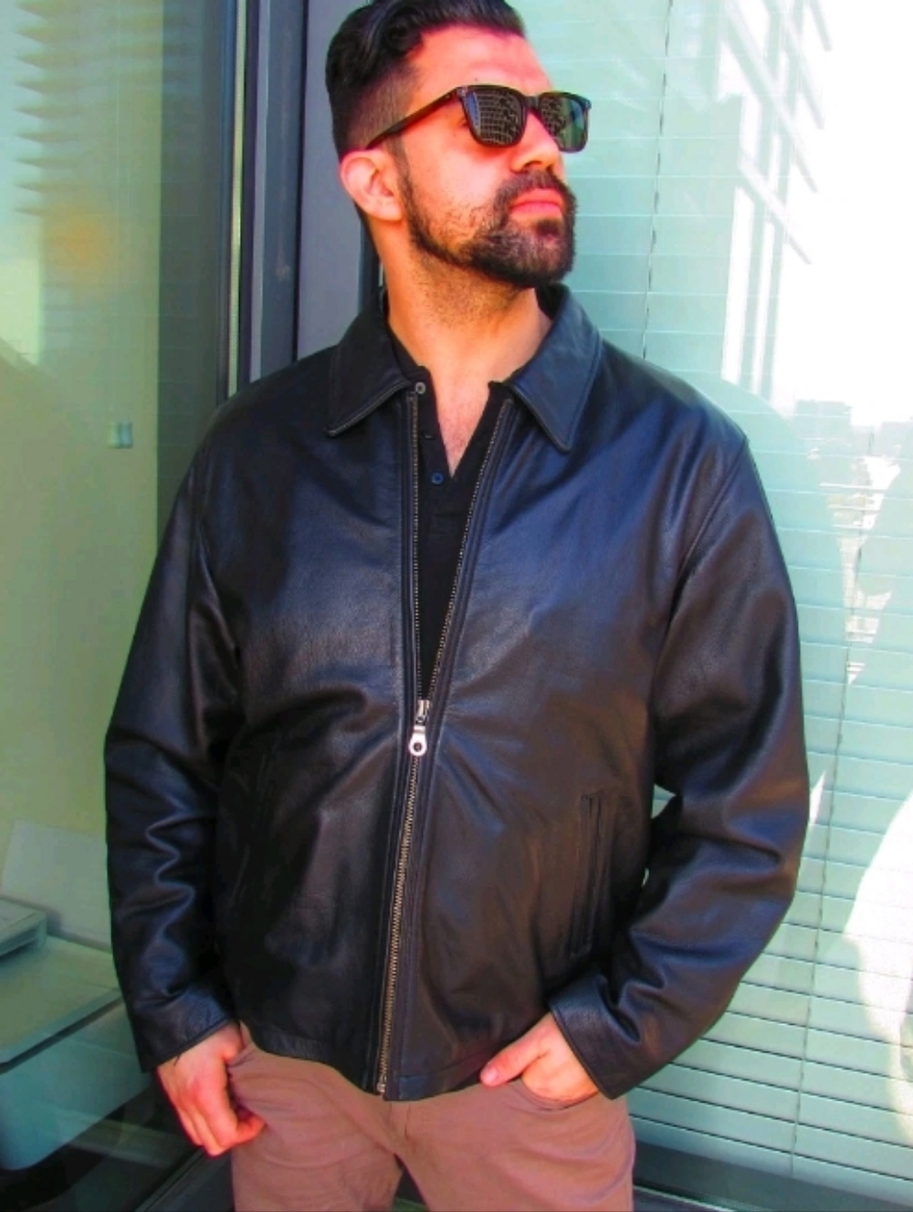 Men's Black Leather Bomber Jacket - Classic Zip Front